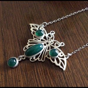 Vintage Green Agate Butterfly Necklace - Sterling